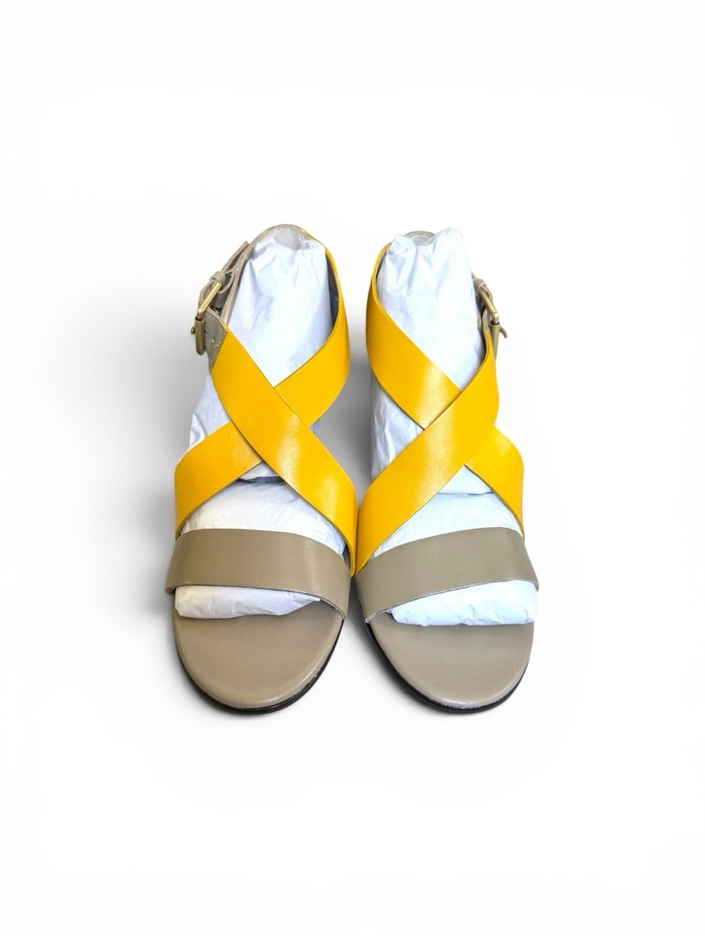 NWOT Boden Taupe and Yellow Crisscross Block Heel Sandals - Picture 2 of 7